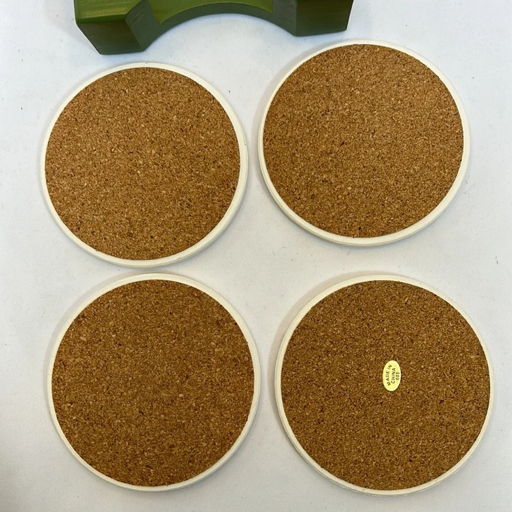 Sandstone Coasters with Olive Leaf Design and Green Wooden Holder-Set of 4